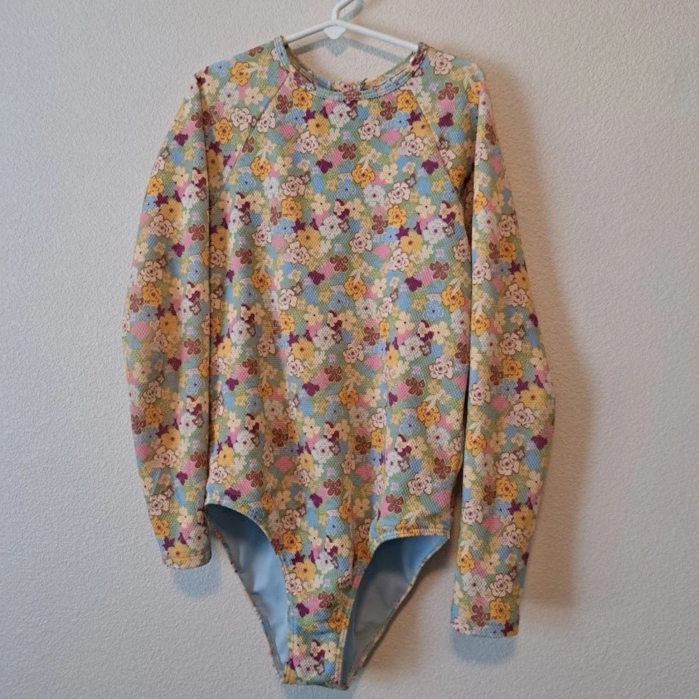 Roxy Girls Floral Long-sleeve rashguard one-piece swimsuit textured Large 12 EUC